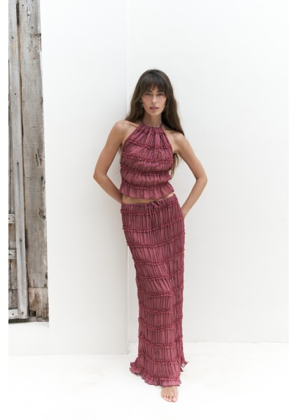 Sofi Transparan Açık Bordo Crop Etek Takım indirimleri