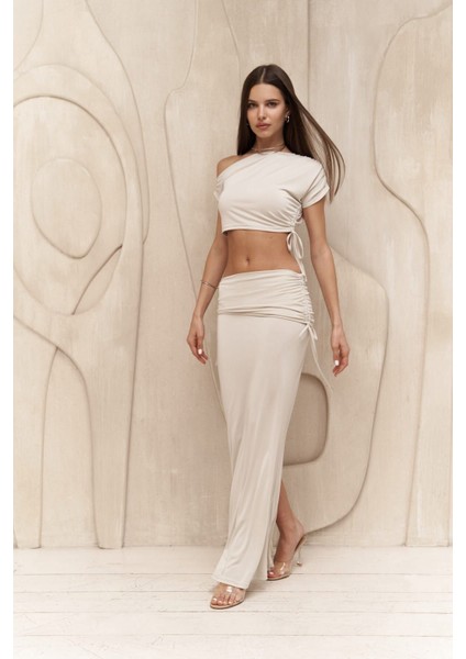 Ivan Büzgülü Bej Crop Etek Takım modelleri