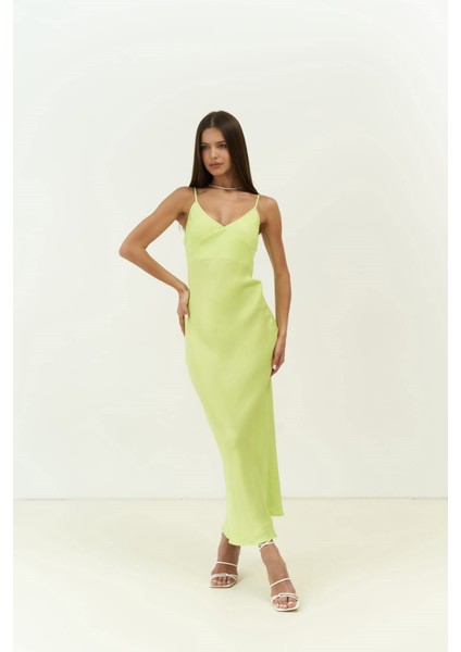 Olesya Askılı Neon Yeşil Maxi Boy Elbise