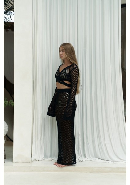 Anse Düğme Detay Siyah Triko Takım modelleri