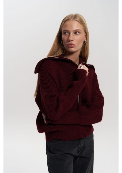 Rafi Bordo Fermuarlı Triko Hırka