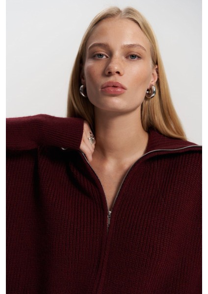 Rafi Bordo Fermuarlı Triko Hırka fırsatları