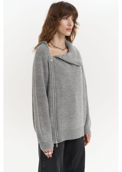 Saphira Fermuar Detay Gri Triko Kazak modelleri