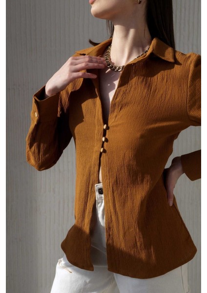 Morrow Ahşap Düğme Detay Kiremit Gömlek modelleri