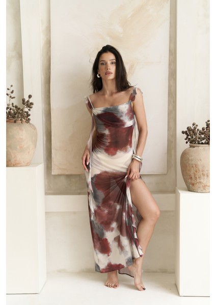 Magi Fırfır Detay Bordo Uzun Elbise