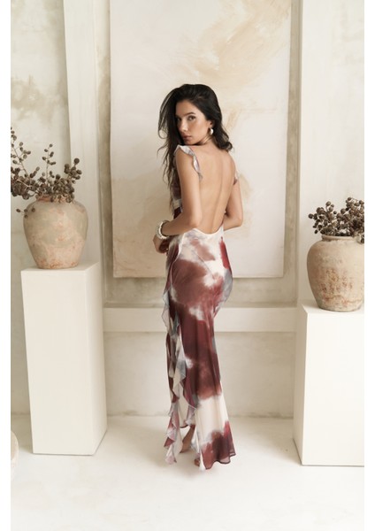 Magi Fırfır Detay Bordo Uzun Elbise modelleri