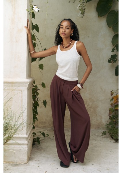 Mahoney Bordo Keten Palazzo Pantolon