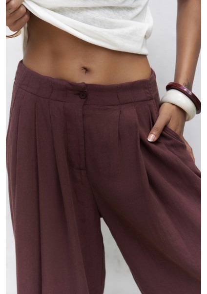 Mahoney Bordo Keten Palazzo Pantolon indirimleri