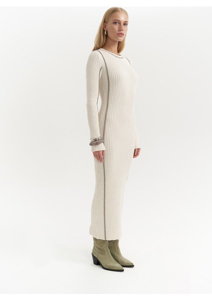 Aston Çizgi Detay Bej Triko Elbise modelleri