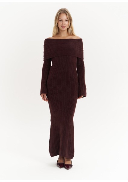 Valencia Carmen Yaka Bordo Uzun Triko Elbise fiyatları