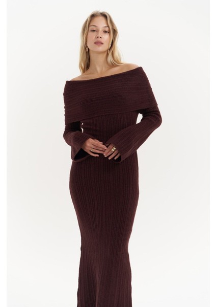 Valencia Carmen Yaka Bordo Uzun Triko Elbise indirimleri
