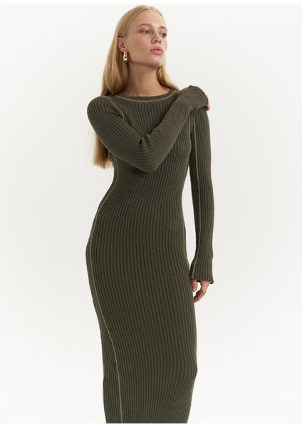 Aston Çizgi Detay Haki Triko Elbise