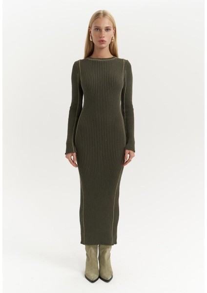 Aston Çizgi Detay Haki Triko Elbise fiyatları