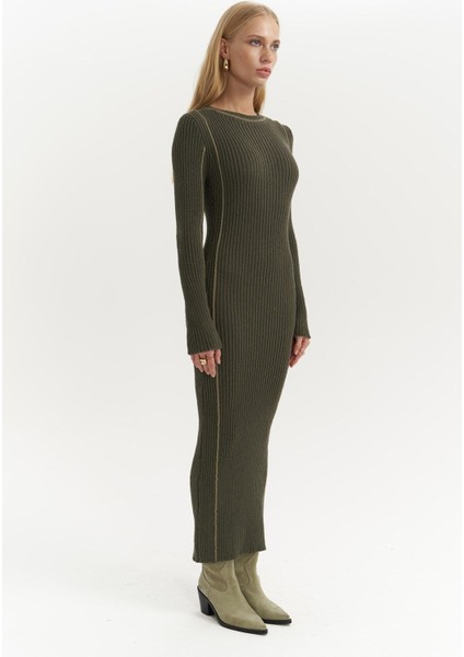 Aston Çizgi Detay Haki Triko Elbise modelleri