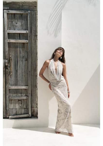 Galagher Degaje Bej Uzun Elbise