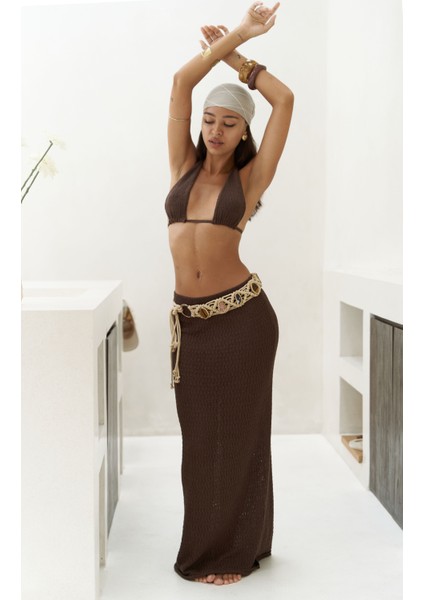 Pangestu Üçgen Kahve Crop Etek Triko Takım fiyatları