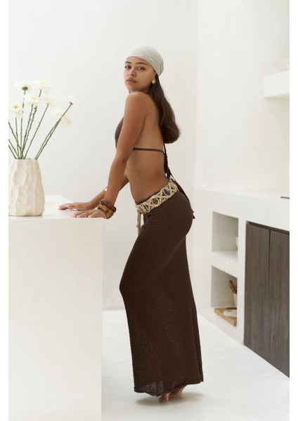 Pangestu Üçgen Kahve Crop Etek Triko Takım modelleri