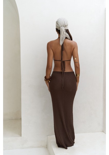 Pangestu Üçgen Kahve Crop Etek Triko Takım fırsatları