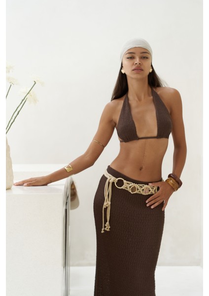 Pangestu Üçgen Kahve Crop Etek Triko Takım indirimleri