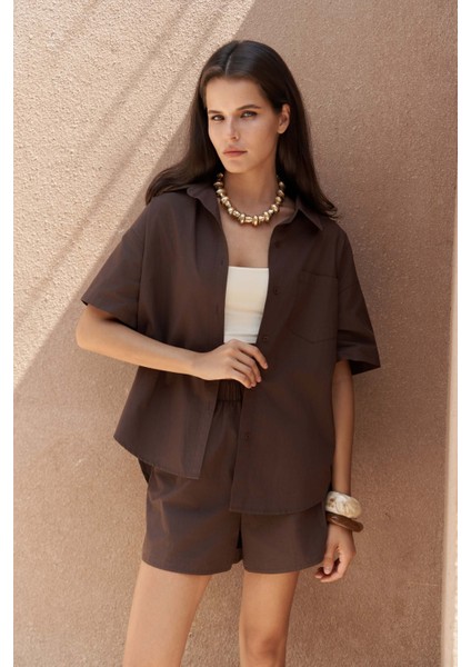 Corfu Kahve Gömlek Şort Takım modelleri