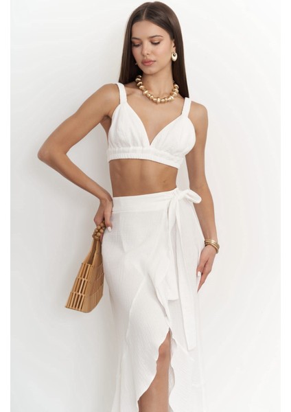Adelina Beyaz Müslin Crop-Etek Takım indirimleri
