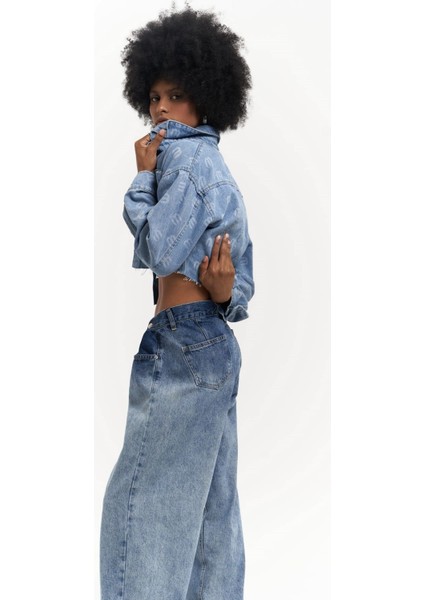 Darcey M Baskı Mavi Kısa Jean Ceket