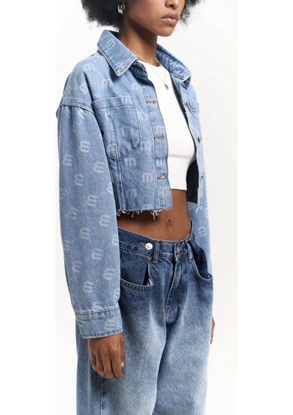 Darcey M Baskı Mavi Kısa Jean Ceket modelleri