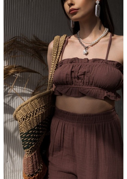 Harvey Kahve Müslin Crop Takım modelleri