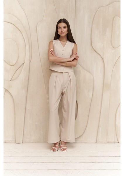 Diaz Düğme Detaylı Açık Bej Pantolon
