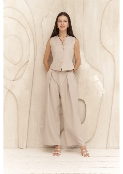 Diaz Düğme Detaylı Koyu Bej Pantolon