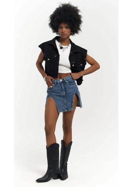 Matin Sıfır Kol Siyah Jean Yelek