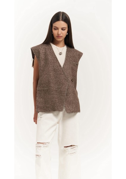 Faven Kahve Yan Yırtmaç Detay Yelek
