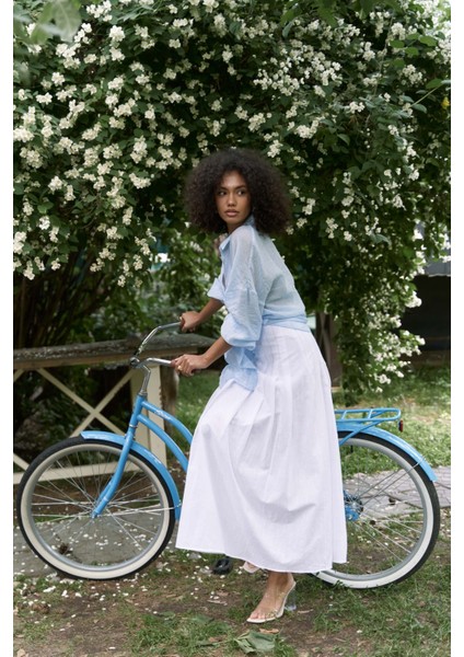 Sera Pile Detay Beyaz Uzun Etek