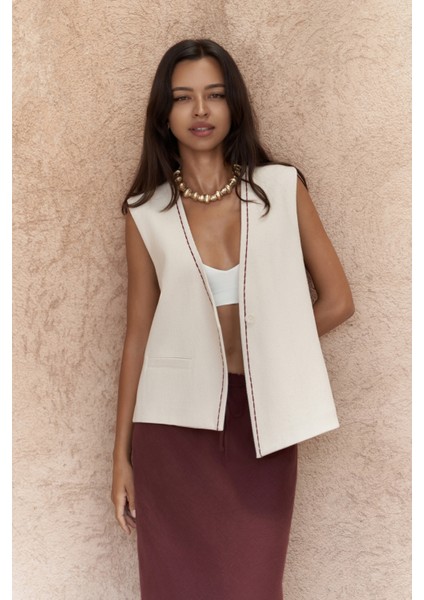 Maysa Nakış Detay Naturel Yelek fiyatları