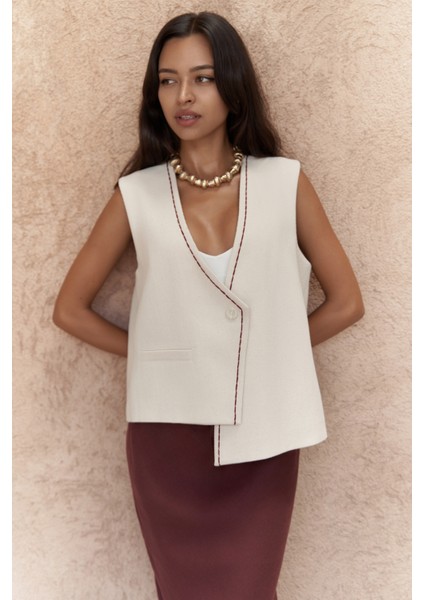 Maysa Nakış Detay Naturel Yelek modelleri