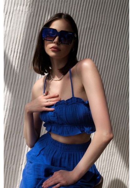 Harvey Saks Mavi Müslin Crop Takım