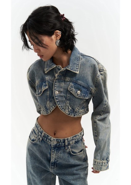 Cali Çapraz Detay Kirli Yeşil Crop Jean Ceket