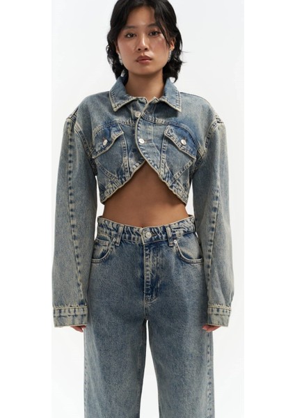 Cali Çapraz Detay Kirli Yeşil Crop Jean Ceket modelleri