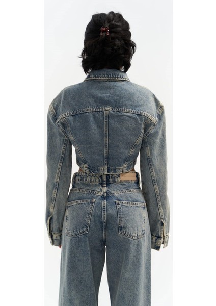 Cali Çapraz Detay Kirli Yeşil Crop Jean Ceket indirimleri