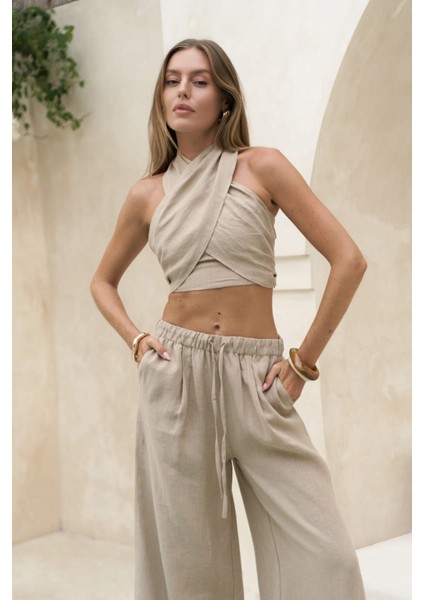 Moira Bej Keten Crop Pantolon Takım