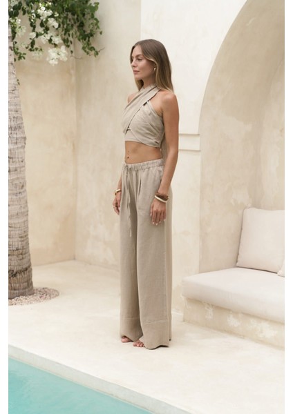 Moira Bej Keten Crop Pantolon Takım modelleri