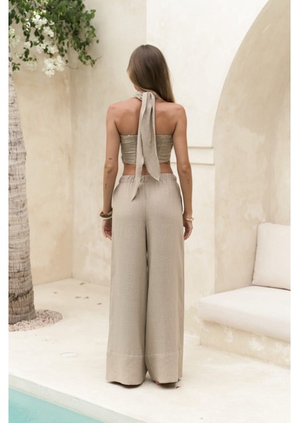 Moira Bej Keten Crop Pantolon Takım fırsatları
