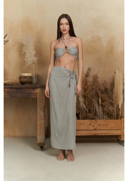 Lovina Çizgili Gri Crop Etek Takım