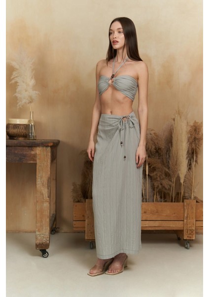 Lovina Çizgili Gri Crop Etek Takım fiyatları