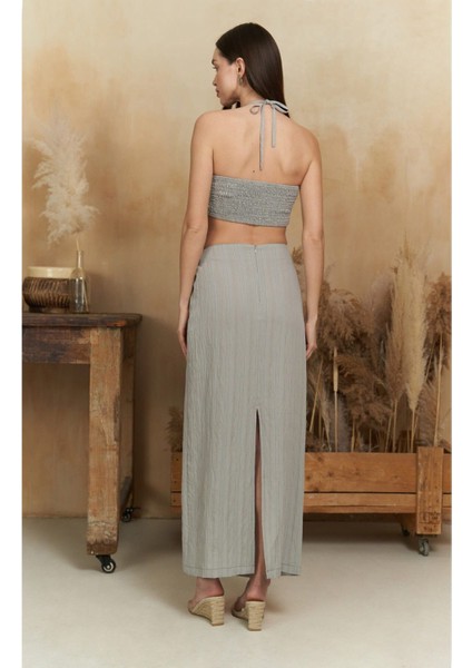 Lovina Çizgili Gri Crop Etek Takım modelleri