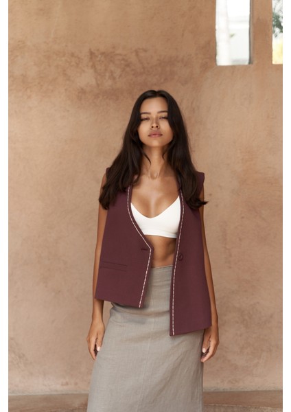 Maysa Nakış Detay Bordo Yelek modelleri