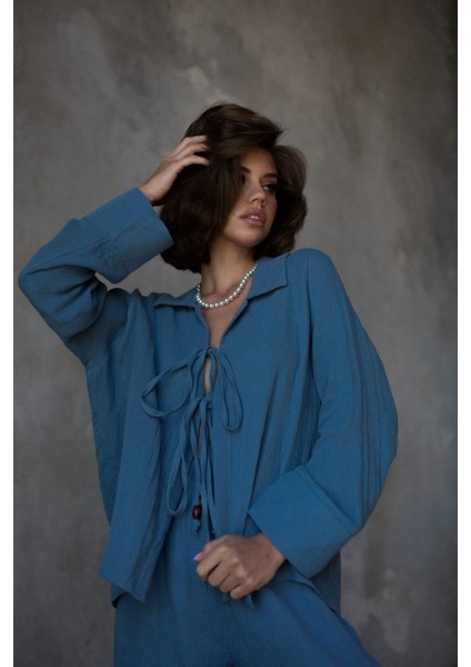 Bali Boncuklu Indigo Müslin Takım