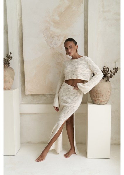 Wayhu Bisiklet Yaka Bej Triko Crop Etek Takım fiyatları