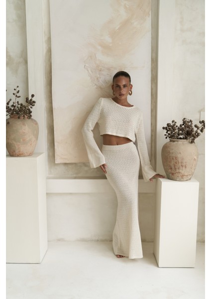 Wayhu Bisiklet Yaka Bej Triko Crop Etek Takım modelleri