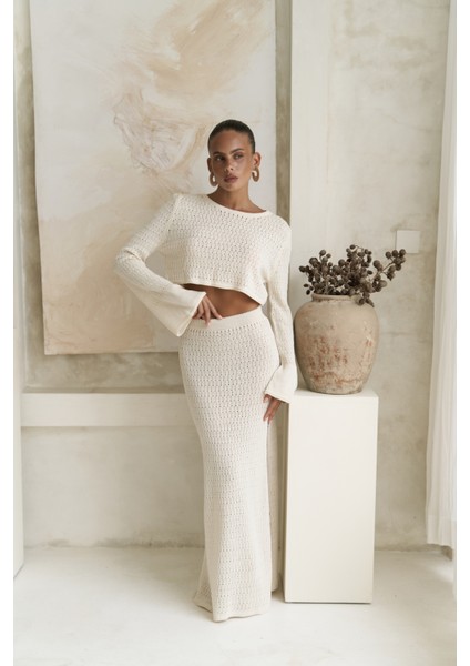 Wayhu Bisiklet Yaka Bej Triko Crop Etek Takım indirimleri